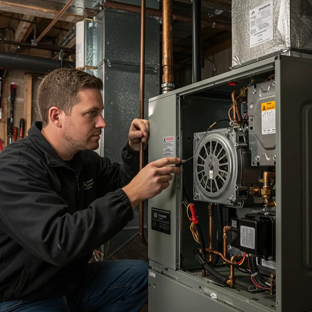 A technician checking a furnace's blower motor, emphasizing how important it is to listen for unusual noises for maintenance
